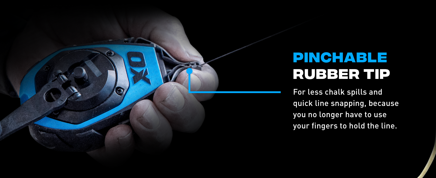 Pinchable rubber tip for less chalk spills and quick line snapping.