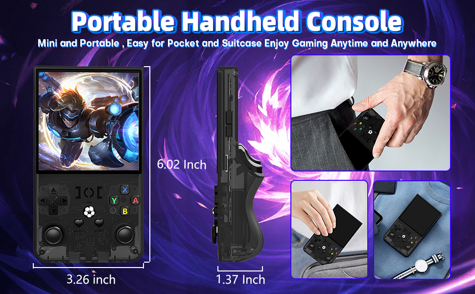 Text reads: 'Portable Handheld Console', '5.5 inch', '3.26 inch', '1.17 inch'. Gaming device showcasing different viewing angles and gameplay screens with measurements.