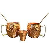 Nature's Own Copper Cups Moscow Mule Mugs Gift Set Of 2 Brass Handled mug + 2 Straw +1 shot glass...