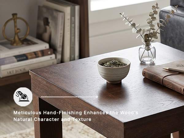Lounge room square end table standing 24 inches tall perfectly flush with modern sofa arm