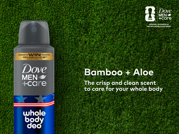 FIFA &amp; Dove Men+Care logos on a soccer field, text &amp; a Whole Body Deo Bamboo + Aloe Spray.