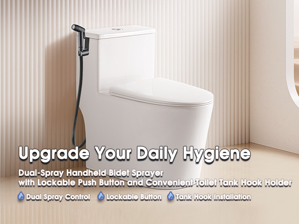 dual-spray handheld bidet sprayer with lockable push button and toilet tank hook holder installed