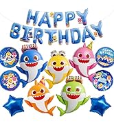 PartyWoo Baby Shark Family Foil Balloons 13pcs Baby Shark Family Blue Round Star Mylar Happy Birt...
