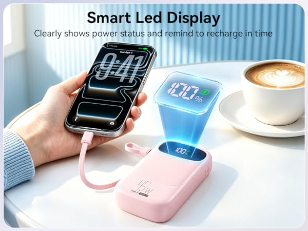 Portable charger with digital LED display showing real-time battery percentage
