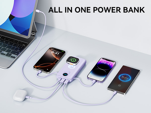 3-in-1 power bank, charge Type-C, USB-A and magnetic devices together.