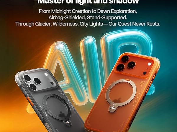 Series of smartphone cases displayed with dynamic turquoise and orange background effects, showing various angles and protective features.