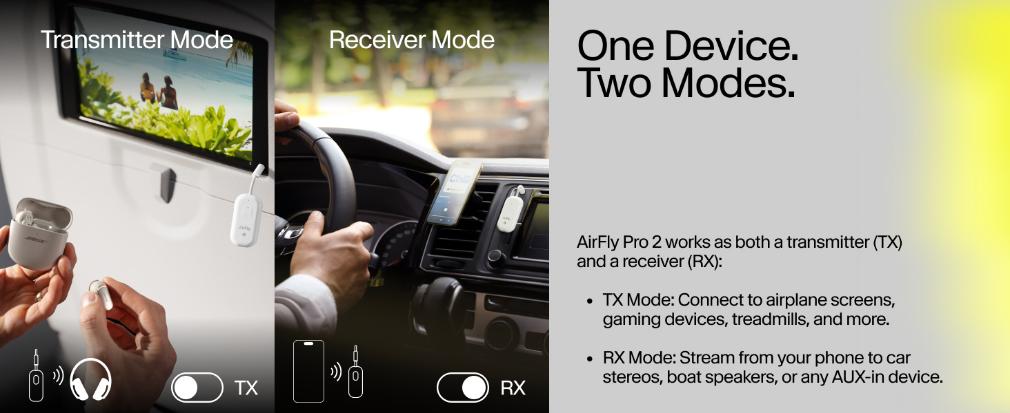 AirFly Pro 2 shown in Transmitter and Receiver Modes, connecting to airplane and car audio systems