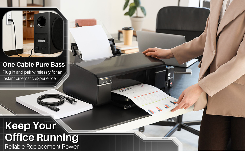 Desktop printer in use with a replacement cord, emphasizing power cord replacement performance