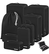 Set of black packing cubes and travel organizers in various sizes with mesh panels and zipper closures, includes small accessory pouch.