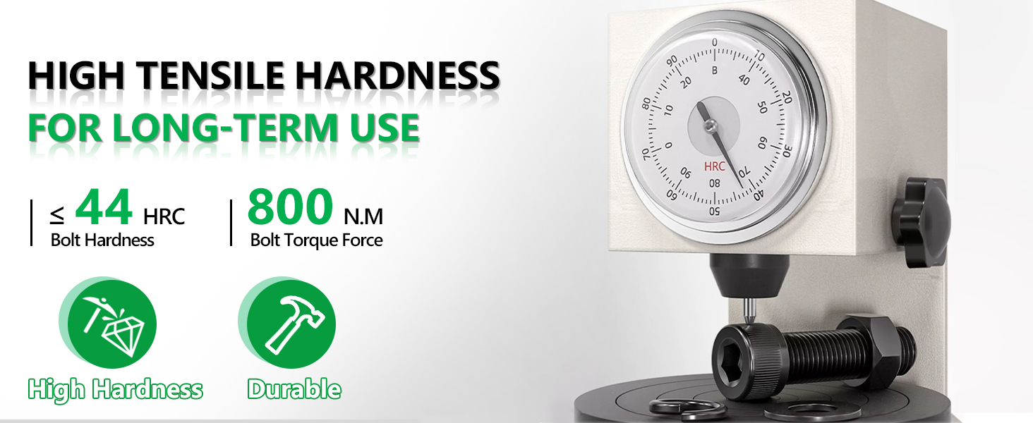 Industrial pressure gauge with high tensile hardness rating of 44 HRC and 800 NM force rating, shown with mounting hardware and technical specifications.