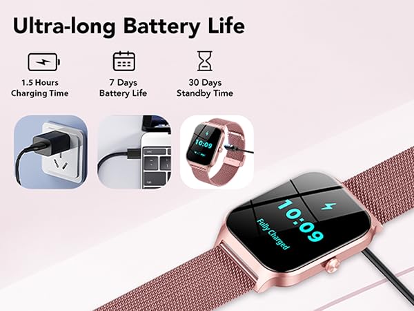 Close-up view of smartwatch with rose gold mesh band displaying digital time interface. Product shown at angle highlighting screen clarity and metallic finish.