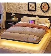 HOOBRO Floating Bed Frame Queen Size, Bed Frame with Charging Station and LED Lights, Industrial ...