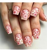 Press On Nails Medium Square, Spring Cherry Blossom Fake Nails, Nude Pink Acrylic Glue On Nails, ...