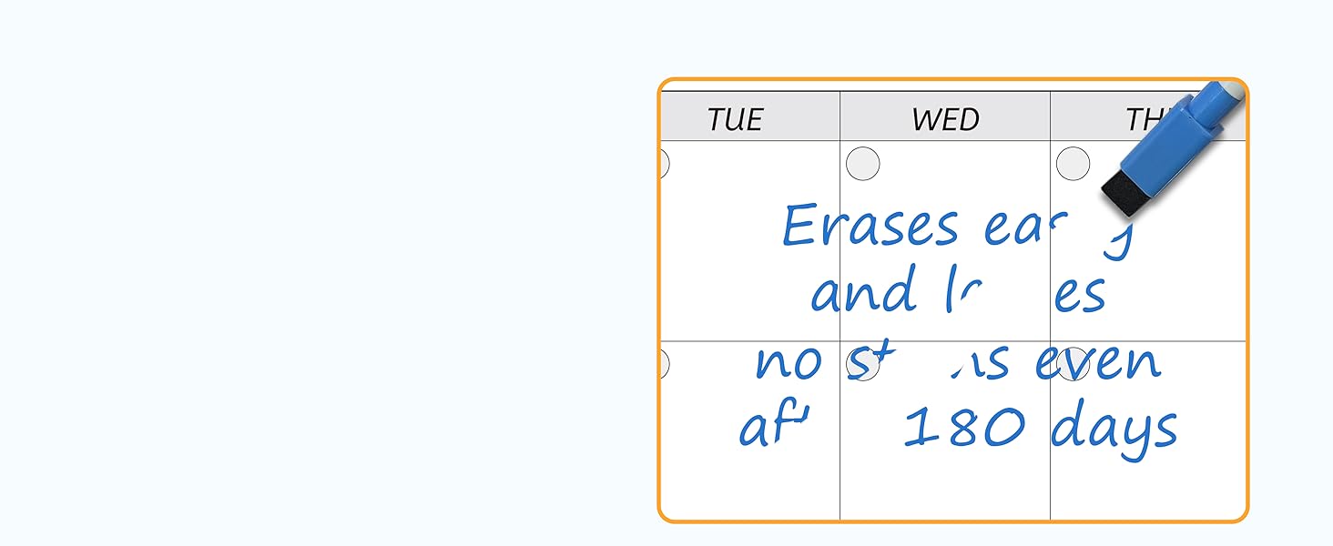 Monthly calendar works well with either dry erase or wet erase markers, no stains or ghosting at all