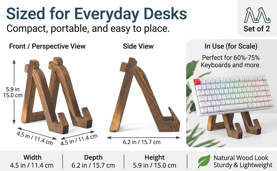 Wooden keyboard stand size 4.5 x 6.2 x 5.9 in, fits 60%-75% keyboards.