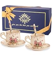 YOLIFE Tea Cups and Saucers Set of 2, Vintage Ceramic Tea Cups Set Floral and Gold Leaves Trim De...