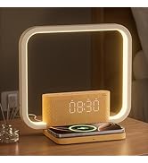 Modern desk lamp with integrated wireless charging pad and digital LED clock display. Features a rectangular illuminated frame and wooden base showing time as '00:20'.
