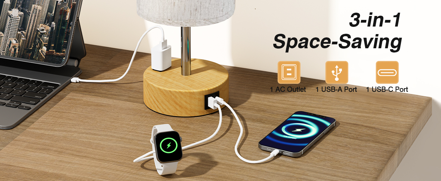 Bedside Lamp Touch Control Table Lamp with USB A+C Charging Ports 3-Way Dimmable Nightstand Lamp