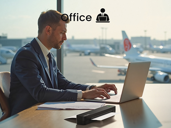 Text reads 'Office'. Professional workspace setting showing person working at desk with laptop in modern office environment with window view.