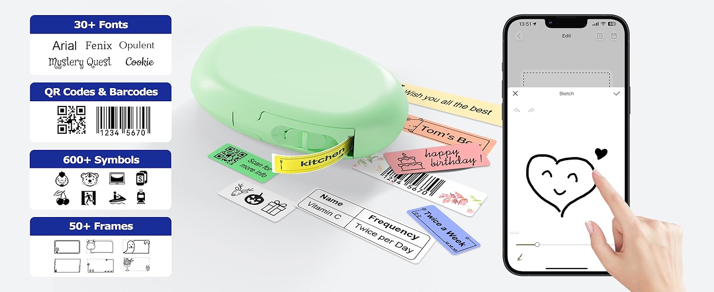 Label App: 40 fonts, 30 frames, 450+ icons for custom designs.