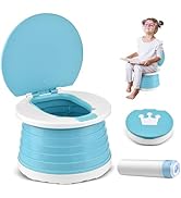 Portable collapsible potty training seat in turquoise blue and white, featuring accordion-style design, removable lid with crown icon, and includes storage bag.
