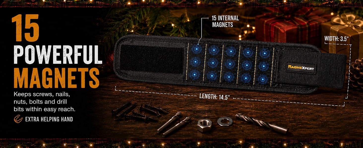 Magnelex magnetic wristband with 15 magnets holding screws nails nuts bolts and drill bits.