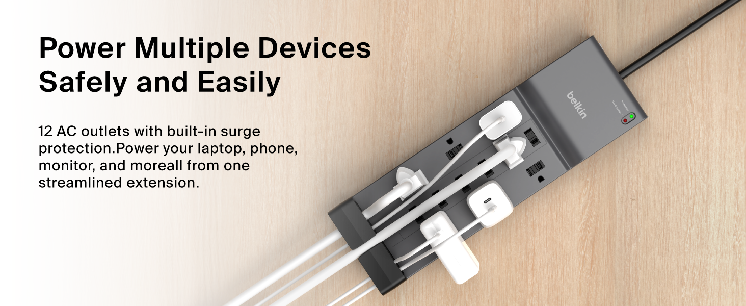 Image of power strip with several plugs with text reading power multiple devices safely and easily.