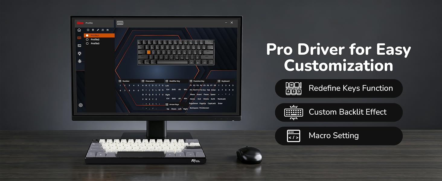 RK ROYAL KLUDGE RK61 keyboard Pro software for gaming and work, personalizing keys easily