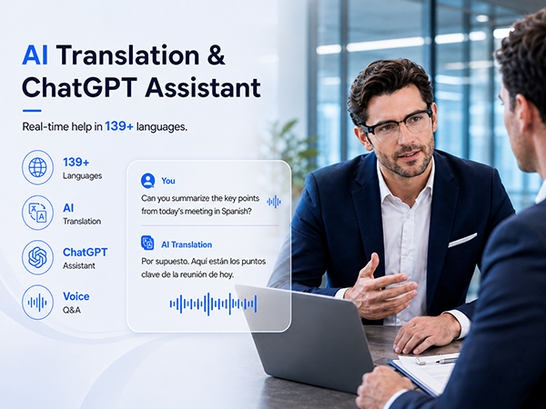 AI smart glasses with real-time translation, ChatGPT assistant, voice Q&amp;A and 139+ language support.