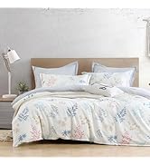 LEMIROE White Cotton Comforter Queen Size 3Pcs - Blue, Beige and Blush Botanicals Pattern on Whit...