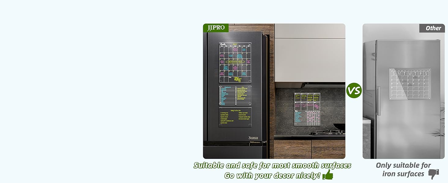 It can stick to any smooth surfaces such as stainless steel fridge, cabinets, and ceramics wall.