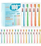 Fresings 100 Pack Disposable Toothbrushes with Toothpaste, Individually Wrapped Soft Bristle Trav...