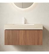 USHOWER 36" Floating Bathroom Vanity with Sink, Wall Mounted Vanity Cabinet with Travertine Sinte...