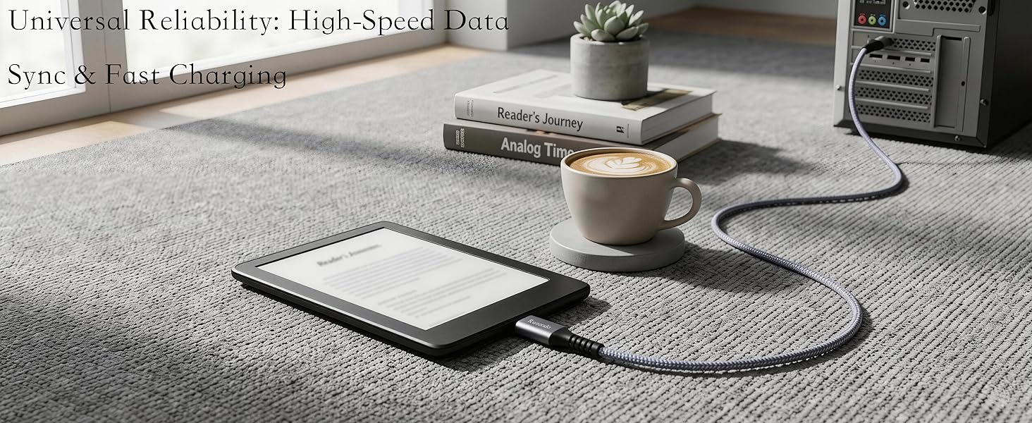 Long 6ft micro usb charger cord powering kindle e-reader for fast data sync and charging