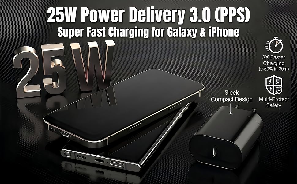 25W USB-C fast charger block for Samsung Galaxy S26 and iPhone 17 with 3x faster charging