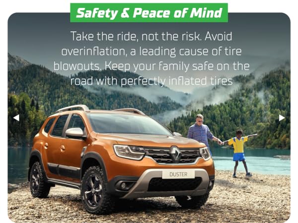 Portable car tire inflator with LED light being used during nighttime roadside emergency