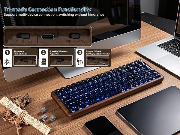 98% Wireless Mechanical Keyboard with Number Pad Natural Walnut Wood Gaming Keyboard
