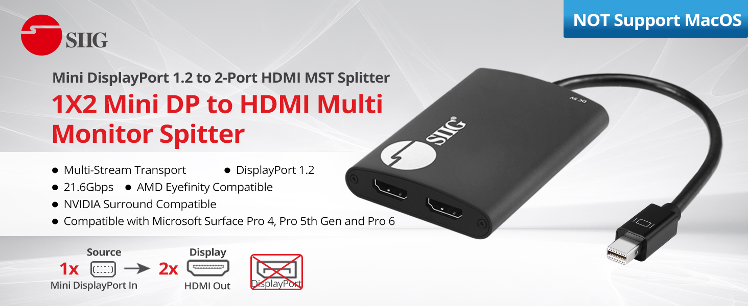 siig cedp0l11s1 mini displayport 1.2 to 2 port hdmi mst splitter