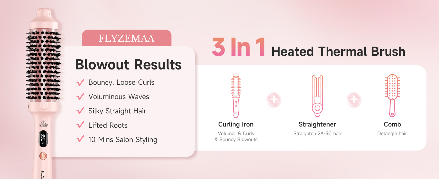 3-in-1 thermal brush creates blowouts:bouncy curls, voluminous waves, silky straight hair in 10 mins