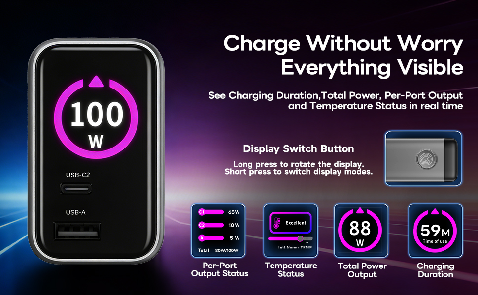 100W GaN USB C Charger Block, Compact Retractable Charger with Built-in Cable &amp;amp; Display