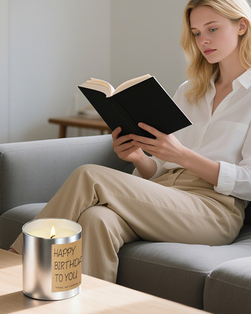 Lifestyle product photography sequence showing a person relaxing on a gray couch reading, with a decorative candle visible on nearby surface.