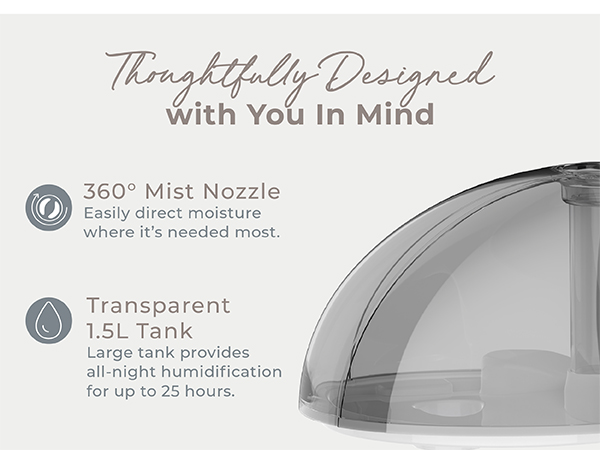 thoughtfully designed transparent tank night light 360 mist nozzle whisper quiet auto shut off