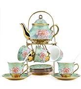 20Pcs European Ceramic Tea Set with Metal Stand, Porcelain Vintage Floral Tea Cup and Saucer Set ...