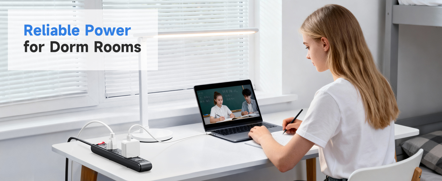 Close-up of six outlets on the Cable Matters black surge protector.