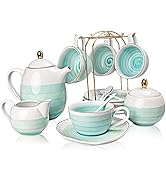 SWEEJAR Porcelain Tea Sets,8 oz Cups and Saucer Teaspoon Set of 4, with Teapot Sugar Bowl Cream P...