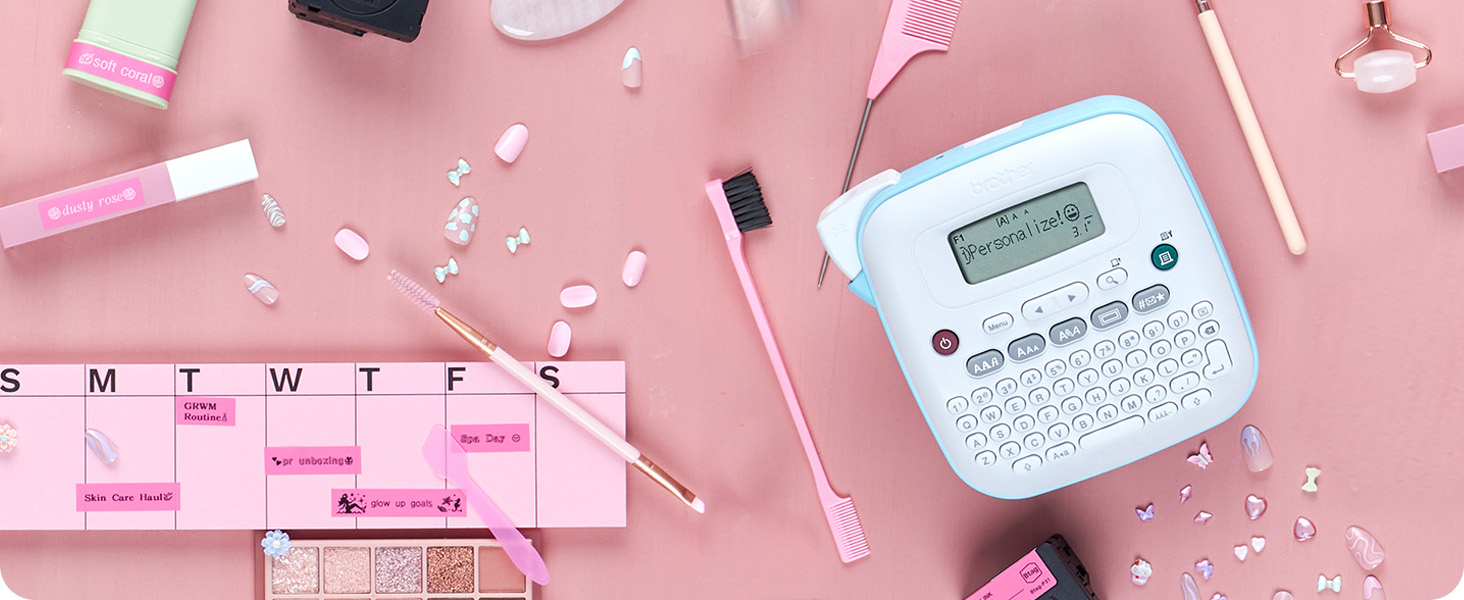 P-touch PTN20 labeler, pink labels with black text: calendar with routine, makeup with color names