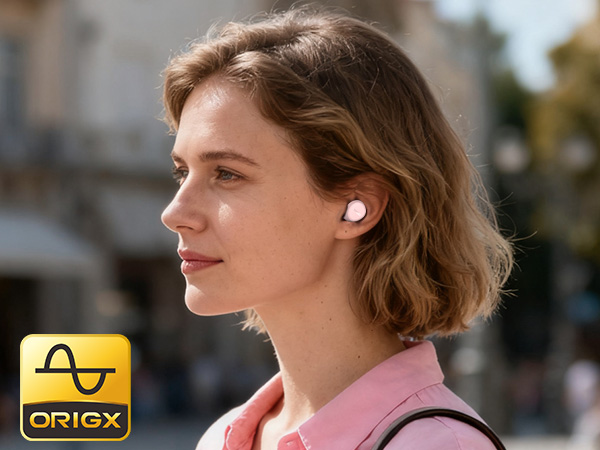 Person wearing TOZO A1 earbuds in everyday outdoor setting with OrigX tuned sound