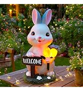 AVEKI Solar Garden Statues, Bunny Garden Decor Outdoor with Welcome Sign &amp; Tulip for Patio Balcon...