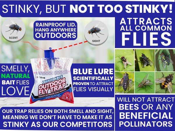 Fly trap bags attract flies via blue visual lure and natural scent lure. Fly catchers for outside