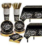 Childom Graduation Party Decorations 2026,147 PCS Disposable Graduation Tableware,Black Gold Cong...